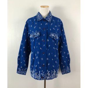 Quacker Factory Jacket Size Medium Blue Handkerchief Print Casual Beading Medium